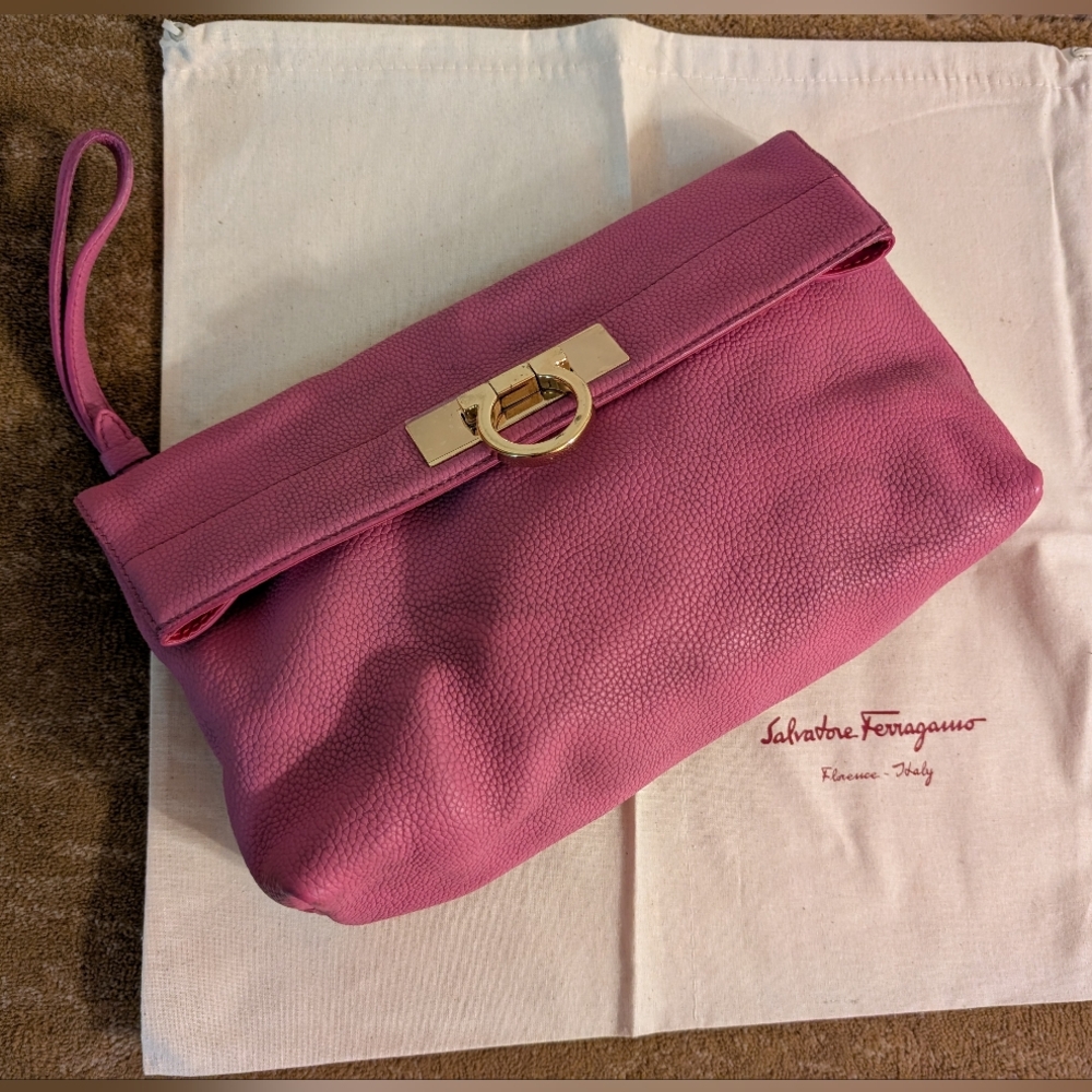 Salvatore Ferragamo Pink Leather Wristlet Clutch with Gancini Hardware